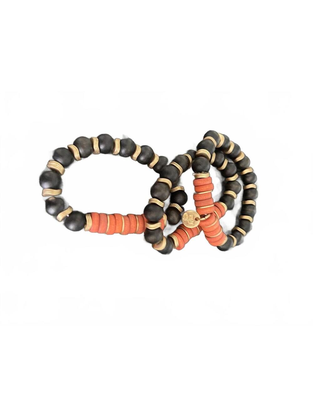 Plunder set of 3 wooden and gold metal Stretch Bracelets